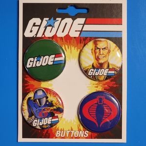G.I. Joe 4 Button Set, Made by Ata-Boy, Duke, Cobra Commander, Joe & Cobra Logos